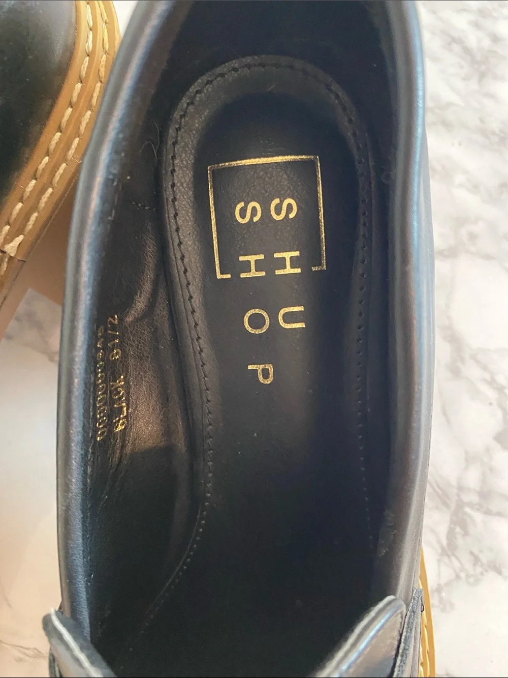 ShuShop Black Leather Platform Penny Loafers with Tan Sole Size 8.5 Chunky Block